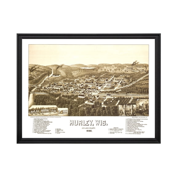 Hurley Art, 1886 Vintage Map of Hurley Wisconsin, WI History Wall Decor Gift, Old Hurley Map - 24" x 18" Black Framed Print