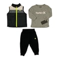 thumbnail image 1 of Hurley Boy's 3 Piece Puffer Vest Long Sleeve Shirt & Fleece Jogger Set (Black, 3T), 1 of 1