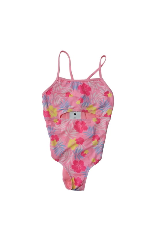 Girl's One Piece Open Mid Drift Ribbed Swimsuit (Pink Flamingo, 10/12)