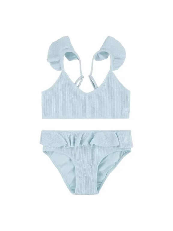 Girl's Two-Piece Ruffle Bikini Swim Set (Big Kids) Blue Cloud LG (12-13 Years Big Kid)