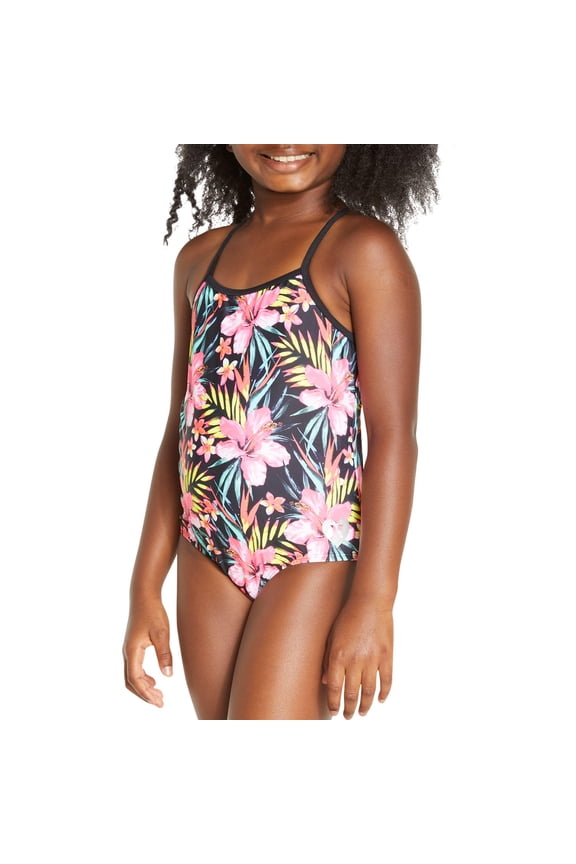 Girl's UPF 50+ Stretch Razor Back One-Piece Quick Dry Swimsuit (Black/Hyper Pink, 4)