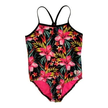 Hurley Girl's UPF 50  Stretch Razor Back One-Piece Quick Dry Swimsuit (Black/Hyper Pink, 7/8)