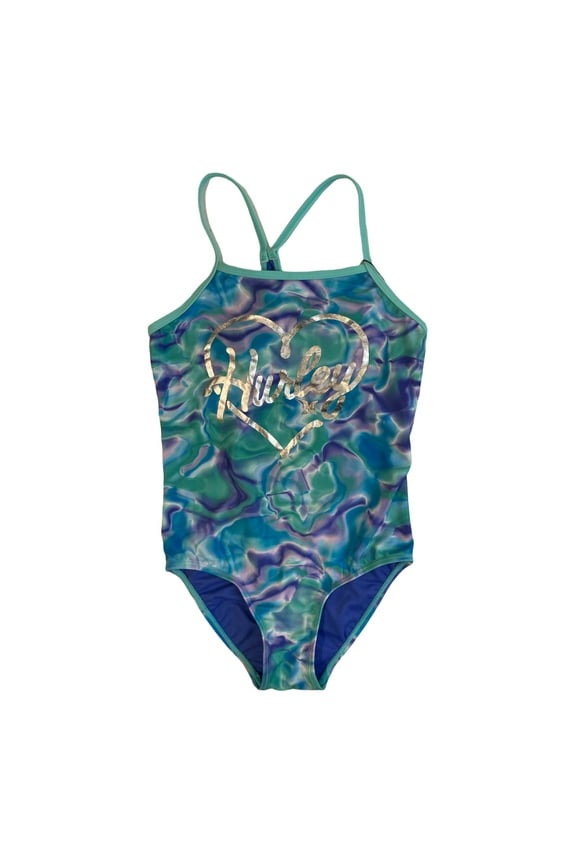 Girl's UPF 50+ Stretch Razor Back One-Piece Quick Dry Swimsuit (Blue Tie Dye, 10/12)
