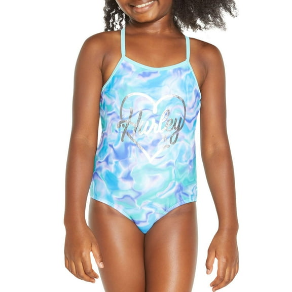 Hurley Girl's UPF 50  Stretch Razor Back One-Piece Quick Dry Swimsuit (Blue Tie Dye, 5/6)