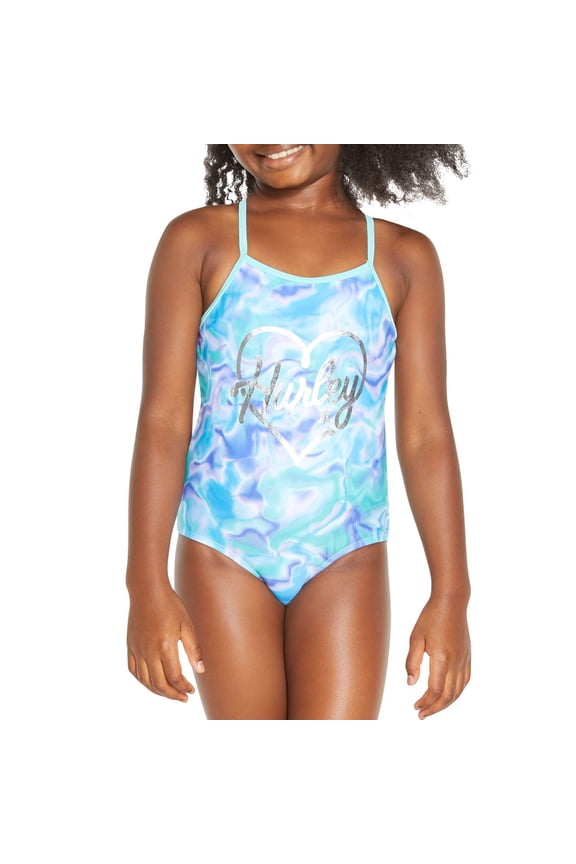 Girl's UPF 50+ Stretch Razor Back One-Piece Quick Dry Swimsuit (Blue Tie Dye, 5/6)