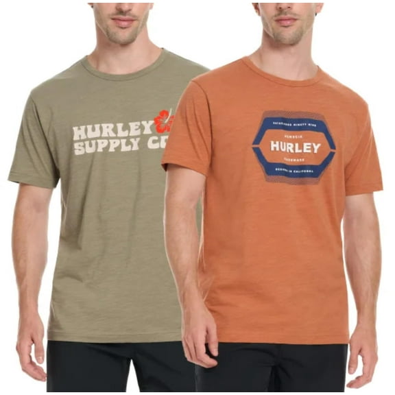 Hurley Men's 2 Pack Short Sleeve Graphic Tee Shirts (US, Alpha, Large, Regular, Regular, Orange/Green)