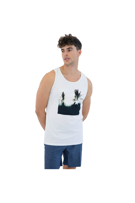 Men's Everyday Washed Bali Tropical Graphic Tank Top Tee T-Shirt (Large, White)