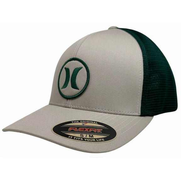 Hurley Men's Hat Oceanside Embroidered Logo Stretch Flex Fit Mesh Trucker Cap (Small/Medium, Wheat/Pine Green)