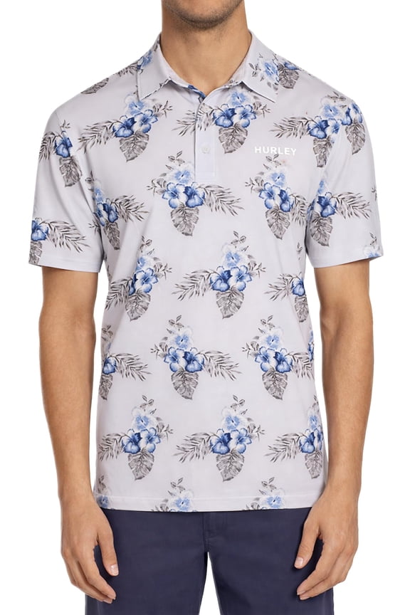 Men's Quick Dry UPF 50+ Short Sleeve Printed Polo Shirt (US, Alpha, Small, Regular, Regular, Gray (Blue Flower Print))