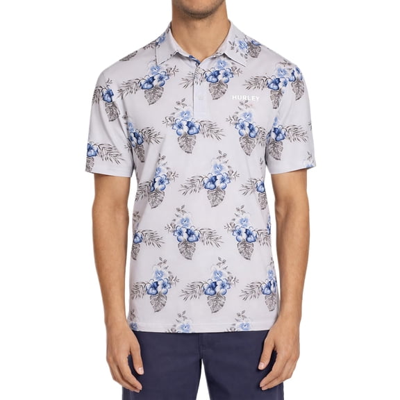 Hurley Men's Quick Dry UPF 50+ Short Sleeve Printed Polo Shirt (US, Alpha, XX-Large, Regular, Regular, Gray (Blue Flower Print))