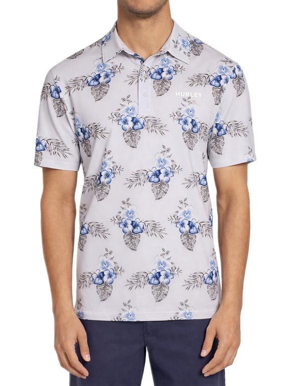 Men's Quick Dry UPF 50+ Short Sleeve Printed Polo Shirt (US, Alpha, XX-Large, Regular, Regular, Gray (Blue Flower Print))