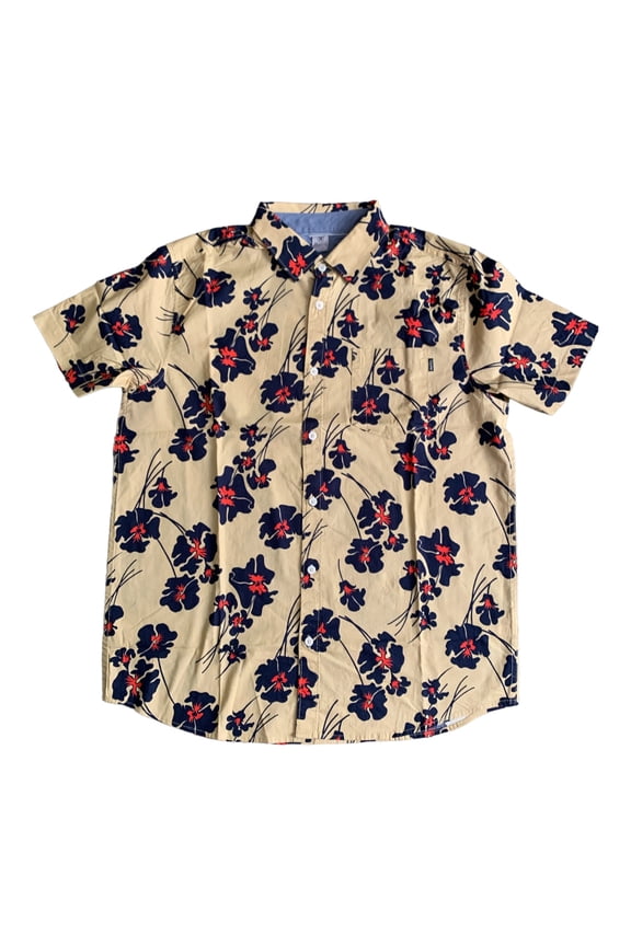 Men's Short Sleeve Sunglasses Holder Pocket Soft Stretch Woven Patio Shirt (Maple Cream, L)