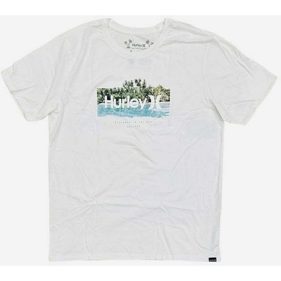 Hurley Men's T-Shirt Everyday Washed Island Time Short Sleeve Graphic Tee (Large, White)