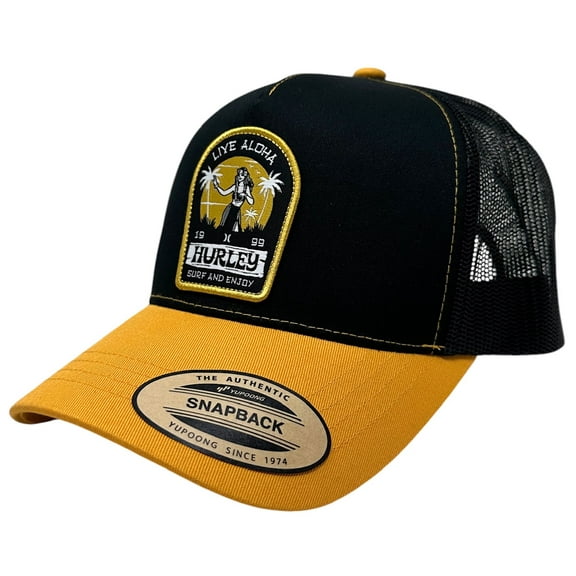 Hurley Men's Trucker Hat Live Aloha Hawaii Embroidered Patch Snapback Cap (Black/Mustard)