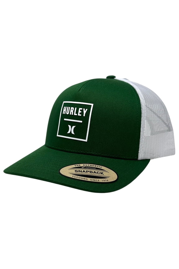 Men's Trucker Hat Square Trucker Sonic Weld Rubber Logo Snapback Cap (Forest Green/White)