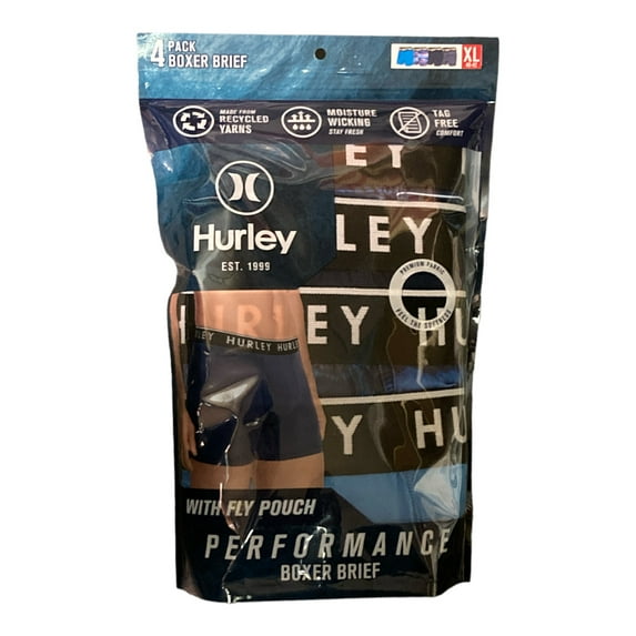 Hurley Mens Tag Free Moisture Wicking Fly Pouch Performance Boxer Briefs, 4 Pack (Blue, XL (40-42))