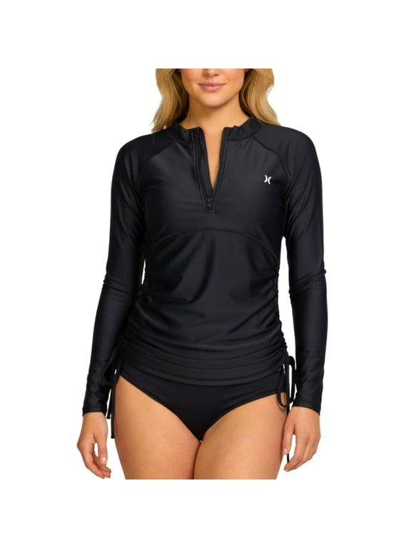 Women's Quarter-Zip Long Sleeve Rash Guard, SPF 50+ Sun Shirt Black