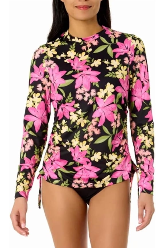 Women's UPF 50+ Long Sleeve Swim Sun Tee Shirt, Rashguard (X-Small Black (Pink Floral Hibiscus Garden))