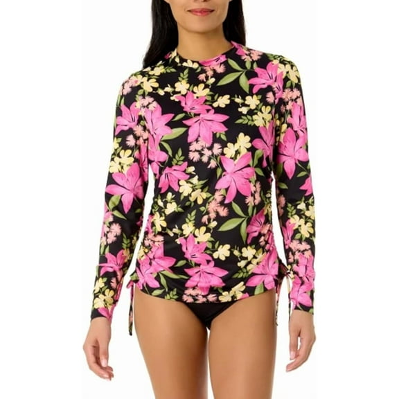 Hurley Women's UPF 50+ Long Sleeve Swim Sun Tee Shirt, Rashguard (X-Small Black (Pink Floral Hibiscus Garden))