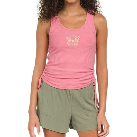 Hurley Womens Butterfly Side Cinch Tank Top, Pink, X-Small