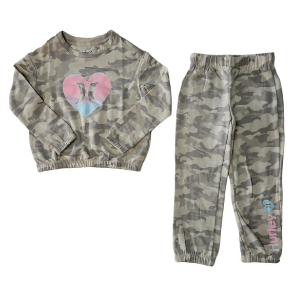 Hurley Youth Girl's 2 Piece Soft & Warm Long Sleeve & Pant Set (Tan Camo, 4/5)