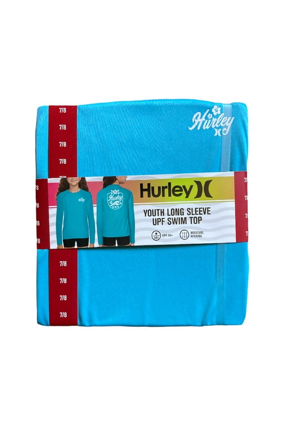 Youth Girl's Long Sleeve UPF 50+ Moisture Wicking Swim Top (Blue, 10/12)