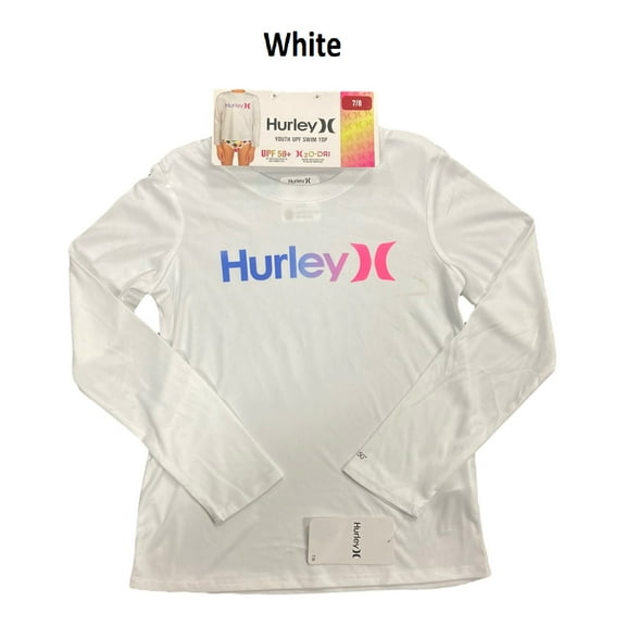 Hurley Youth Girl's UPF 50  H2O Dri Fit Long Sleeve Rash Guard Swim Top (White, 5/6)
