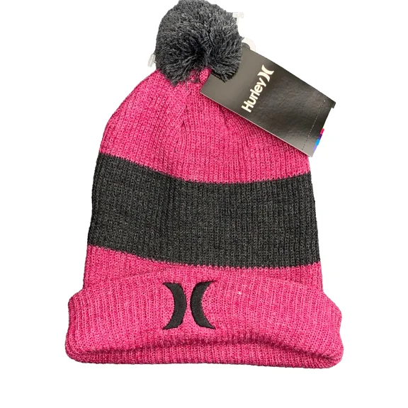 Hurley Youth Girls Winter Beanie Pom Pom Fuchsia Cuffed Hat Size 7/16