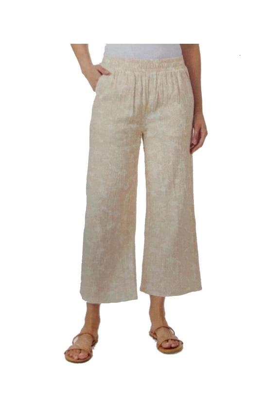 chiffon wide-leg capri pants with elastic waistband for women, Tan, Size S