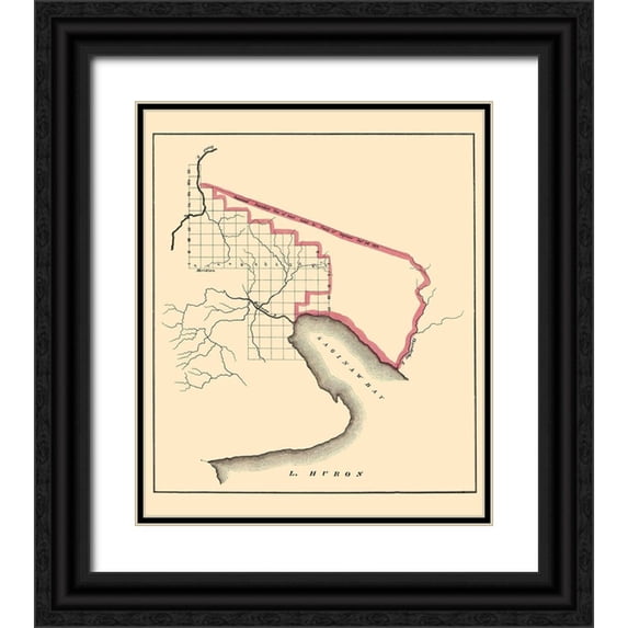 Huron 12x14 Black Ornate Wood Framed with Double Matting Museum Art Print Titled - Saginaw Bay Area Michigan - 1835