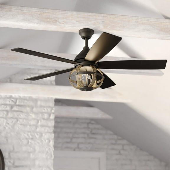 Huron Black and Burnished Teak Farmhouse Indoor Ceiling Fan with LED Cage Light Kit and Remote