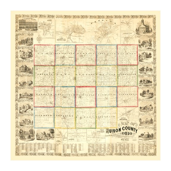 Huron County Ohio Art, 1859 Vintage Map of Huron County OH History Wall Decor Gift, Old Huron County OH Map - 30" x 30" Unframed Print