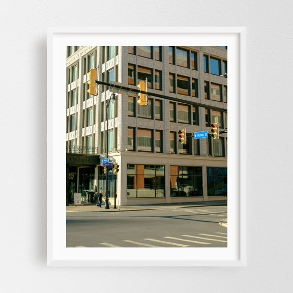 Huron & Franklin, Buffalo - Buffalo New York Photography Architecture Street Photography Cityscape Art Deco Vintage Travel Poster White Framed Wall Art Print 18 x 24 inches