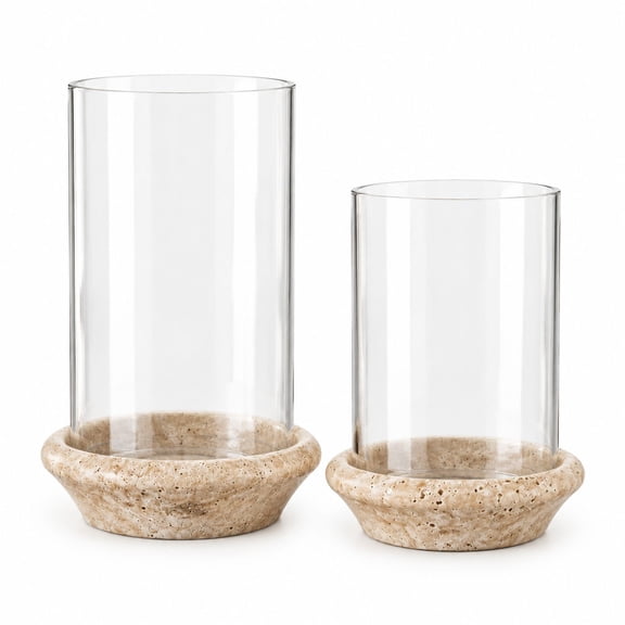 Hurricane Candle Holder Set, 2 Pcs Travertine Tray and Glass Cylinder, Beige, Natural Marble and Borosilicate Glass, Table Centerpiece