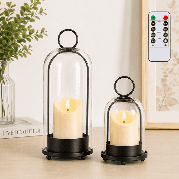 Hurricane Candle Holder Set of 2 with Glass Dome and LED Timer Candles, Metal Lantern Decor for Indoor Outdoor Table Centerpiece, Black, 12” & 7.5”
