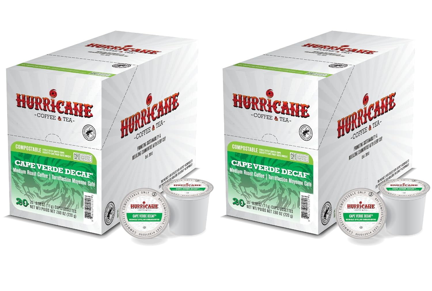 Hurricane Cape Verde Decaf Medium Roast Coffee, Compostable Single Serve Coffee Pods Compatible with Keurig K-Cup Brewers, 20 Count per Box, 2 Boxes