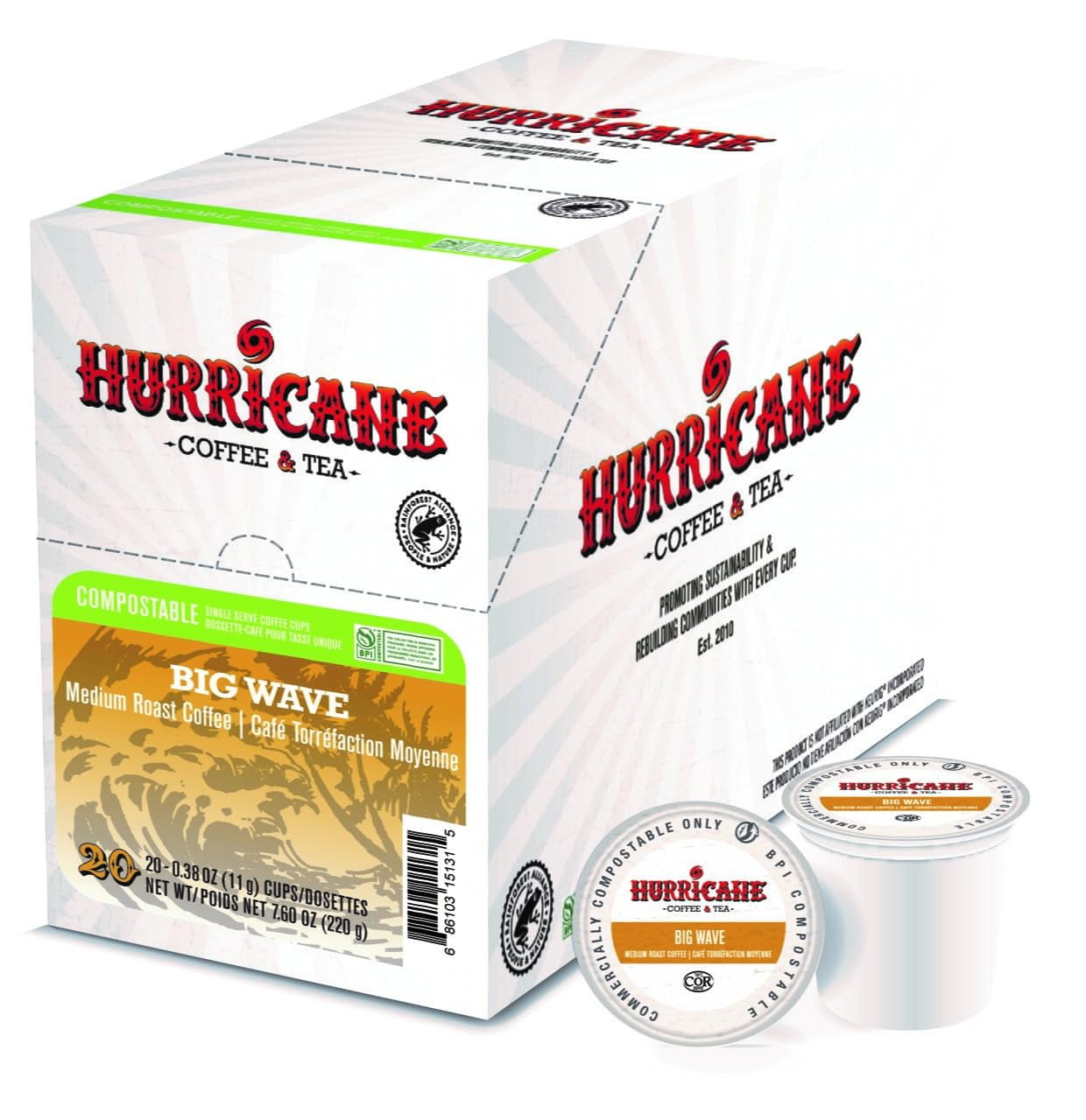 Hurricane Coffee Big Wave Medium Roast Coffee, Compostable Single Cup Coffee Pods Compatible with Keurig K-Cup Brewers, 20 Count