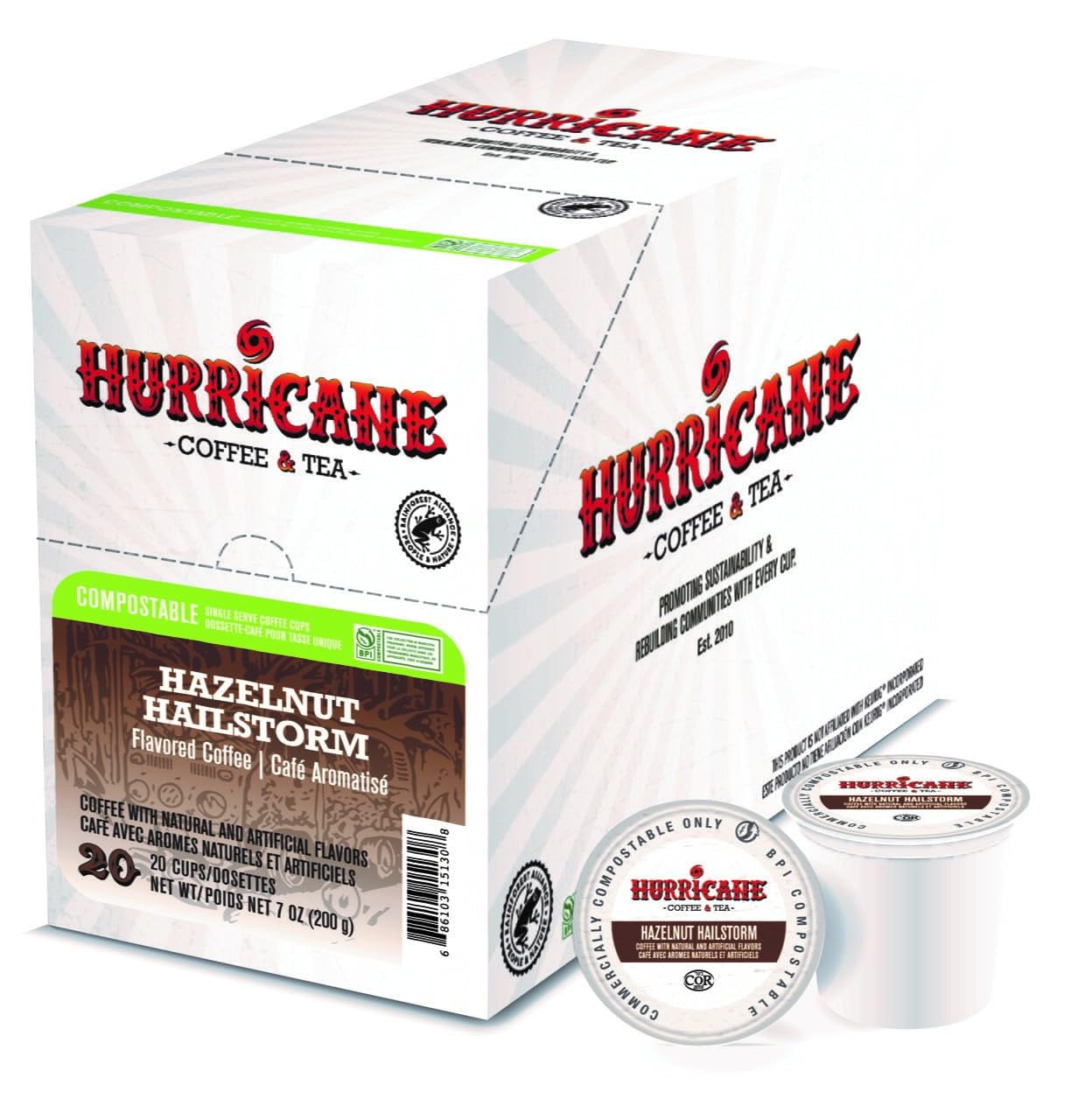 Hurricane Coffee Hazelnut Hailstorm Flavored Coffee, Compostable Single Cup Coffee Pods Compatible with Keurig K-Cup Brewers, 20 Count