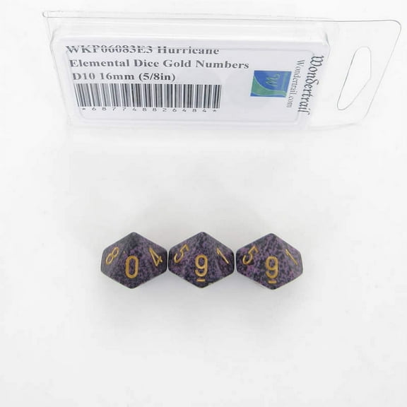 Hurricane Elemental Dice with Gold Numbers D10 16mm (5/8in) Pack of 3 Wondertrail