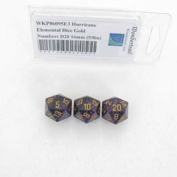 Hurricane Elemental Dice with Gold Numbers D20 16mm (5/8in) Pack of 3 Wondertrail