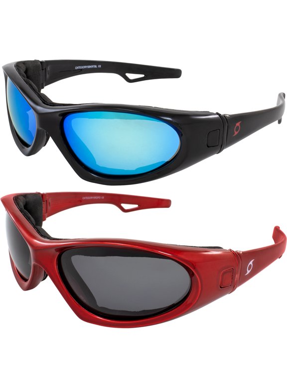 Eyewear Category 5 Jet & Water Ski Sunglasses to Goggles Hybrid 2 Pairs Black Frames w/Blue Mirror Lenses & Red Frames w/Smoke Lenses