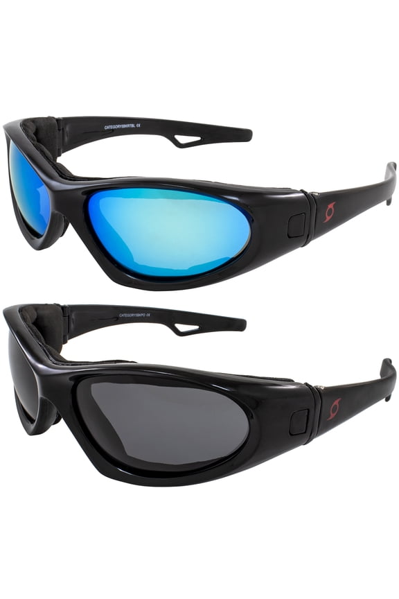 Eyewear 2 Pairs of Category 5 Jet & Water Ski Sunglasses to Goggles Hybrid - Black Frames with Blue Mirror & Smoke Lenses
