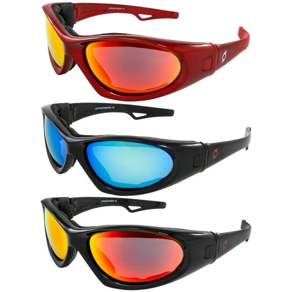 Hurricane Eyewear 3 Pairs of Category 5 Jet & Water Ski Sunglasses to Goggles - Red Frames w/Red Mirror Lens - Black Frames w/Red Mirror & Blue Mirror Lenses