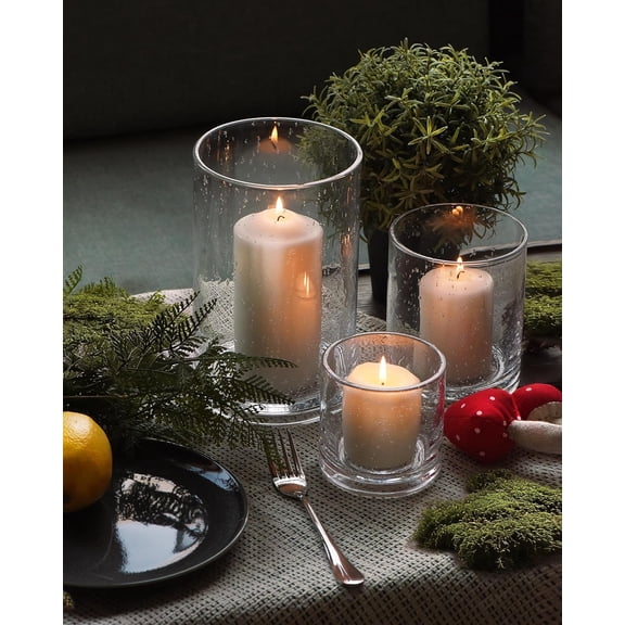 Hurricane Glass Candle Holders Set, Pillar Votive,Clear Seeded Bubbles Cylinder Vase,Modern Rustic Table Centerpieces Bulk, 3 Sizes 8 Inch 5 Inch 3.5 Inch Height
