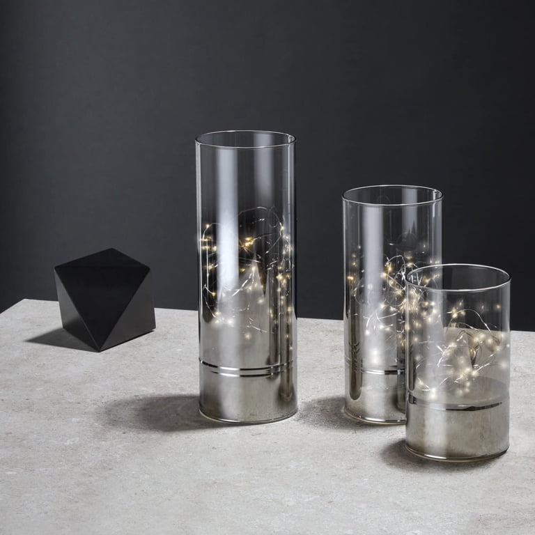Rhytsing Set Of 3 Glass Cylinder Lanterns With Fairy Lights – Flameless Table Lamp With Timer, Smoke Gray, Battery Operated
