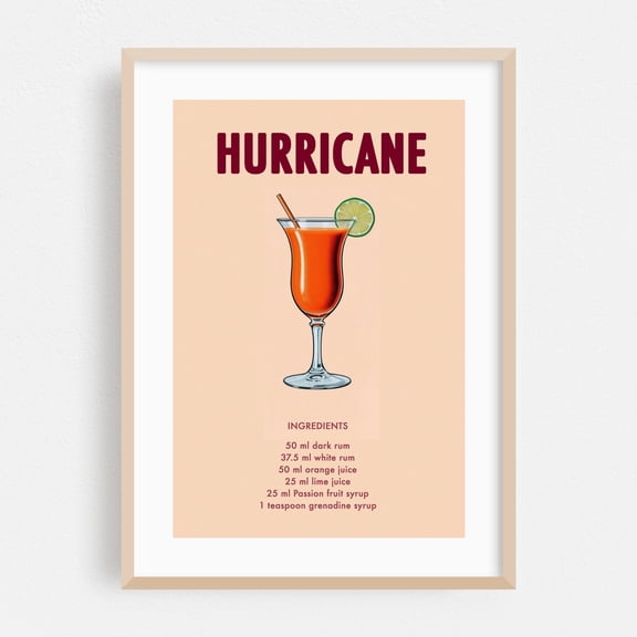 Hurricane - New Orleans Louisiana Illustration Cocktail Kitchen Decor Tropical Bar Vintage Poster Quote Summer Oak Framed Wall Art Print 5 x 7 inches