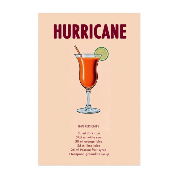 Hurricane - New Orleans Louisiana Illustration Cocktail Kitchen Decor Tropical Bar Vintage Poster Quote Summer Unframed Wall Art Print 4 x 6 inches
