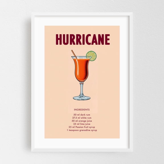 Hurricane - New Orleans Louisiana Illustration Cocktail Kitchen Decor Tropical Bar Vintage Poster Quote Summer White Framed Wall Art Print 16 x 24 inches