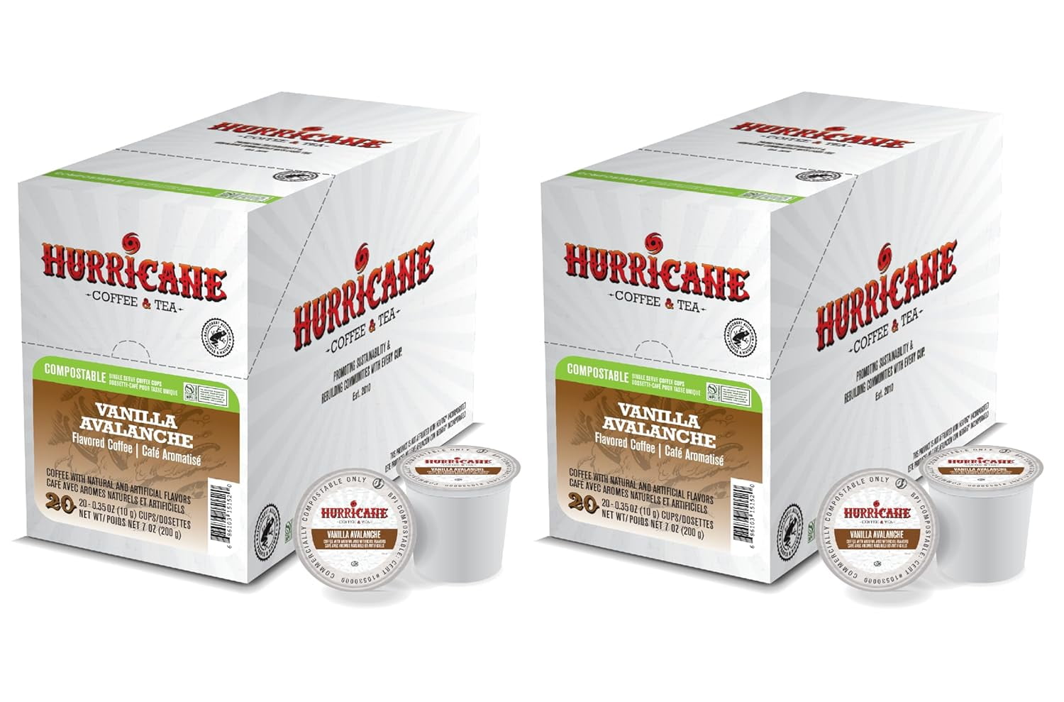 Hurricane Vanilla Avalanche Flavored Coffee, Compostable Single Serve Coffee Pods Compatible with Keurig K-Cup Brewers, 20 Count per Box, 2 Boxes