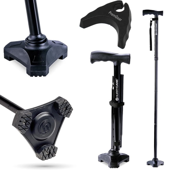 HurryCane Freedom Edition Foldable with T Handle Walking Cane for Men & Woman (Black) Bundle with PremGear Cane Holder, Compatible with HurryCane